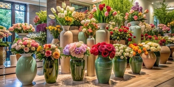 Fototapeta Beautiful variety of large vases filled with fresh flowers in a shop display, vase, flowers, fresh, beautiful, variety