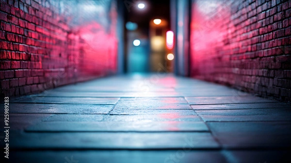 Fototapeta Narrow alleyway illuminated by neon lights, creating a vibrant yet mysterious atmosphere in the heart of the city at night.