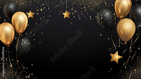 Fototapeta black and gold background with stars and balloons, detailed and intricate image