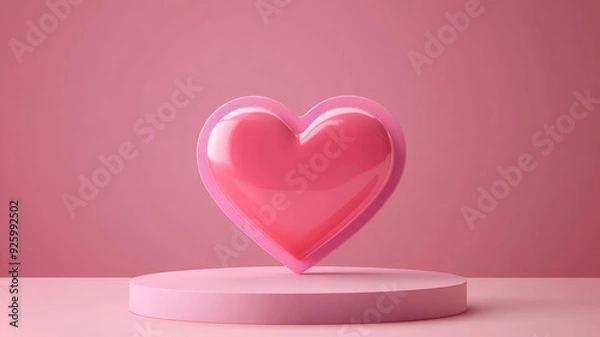 Obraz realistic 3d pink standing podium with heart shape. valentine promotion product display. vector illustration, detailed hyper realistic image