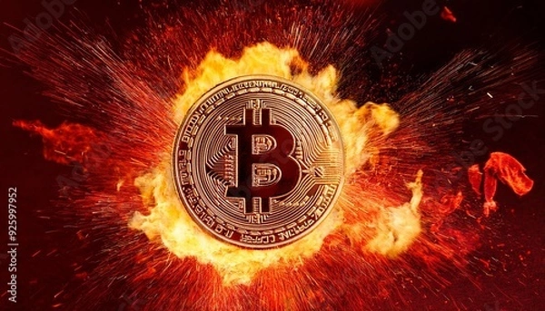 Obraz bitcoin coin exploding on red solid background, concept for crypto currency and finances