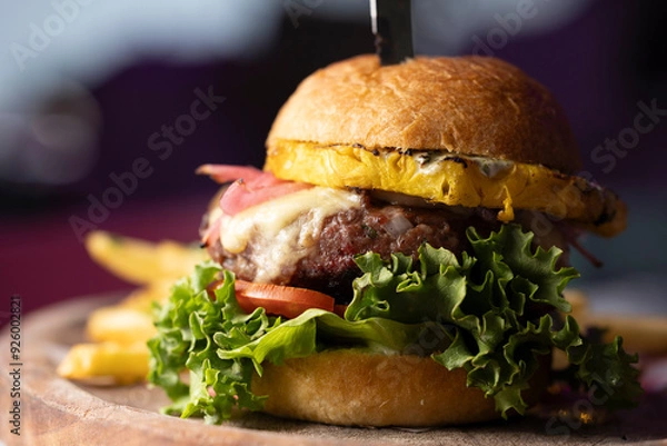 Fototapeta hamburguesa con carne y piña