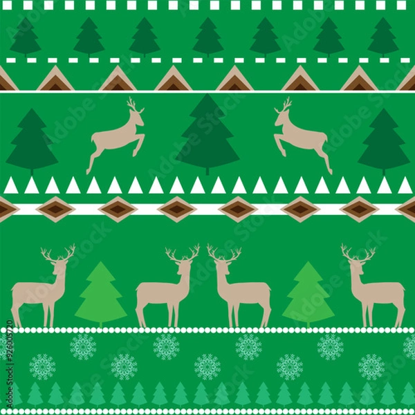 Fototapeta Colorful deer and trees on green pattern