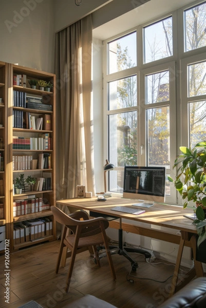 Fototapeta Bright Home Office Setup with Desk, Computer, Bookshelves, and Large Windows - Ideal for Remote Work
