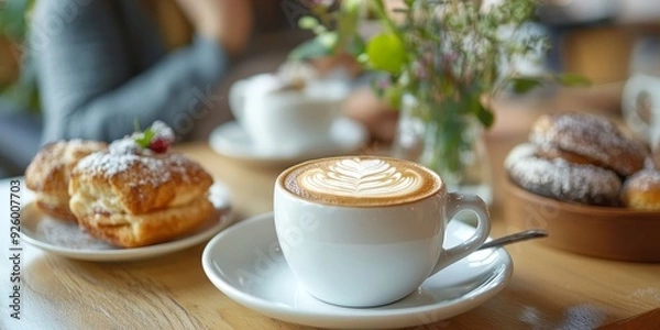 Fototapeta Detailed image of a casual caf+? setting with coffee and pastries, capturing the relaxed and inviting atmosphere of everyday dining
