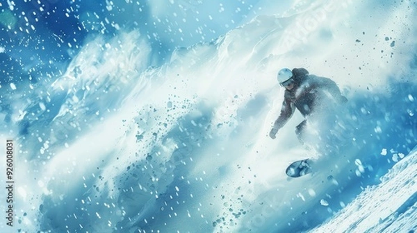 Obraz Dynamic Snowboarder Carving Through Fresh Powder on Mountain Slope in Winter Landscape