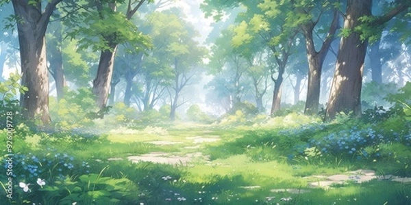Fototapeta Enchanted Anime-Style Forest with Whimsical Banners: A Mystical Woodland Setting for Game Art and Storybook Illustrations, Perfect as 4K Wallpaper Art.