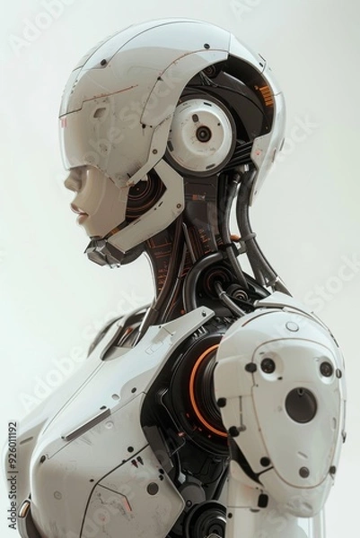 Fototapeta Side profile of a futuristic humanoid robot with intricate mechanical details, showcasing advanced technology and robotics innovation.