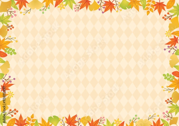 Fototapeta 細めの秋の落ち葉フレーム-柄背景