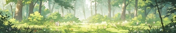 Obraz Enchanted Anime-Style Forest with Whimsical Banners: A Mystical Woodland Setting for Game Art and Storybook Illustrations, Perfect as 4K Wallpaper Art.