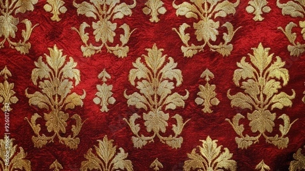 Fototapeta Gold and red floral pattern on fabric. Use this image for decorative or background purposes.