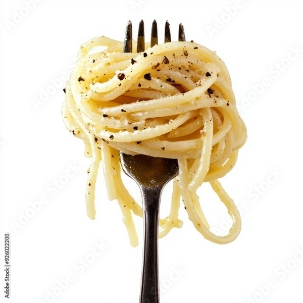 Fototapeta Close up Spaghetti on fork, fettuccine pasta on an isolated white background