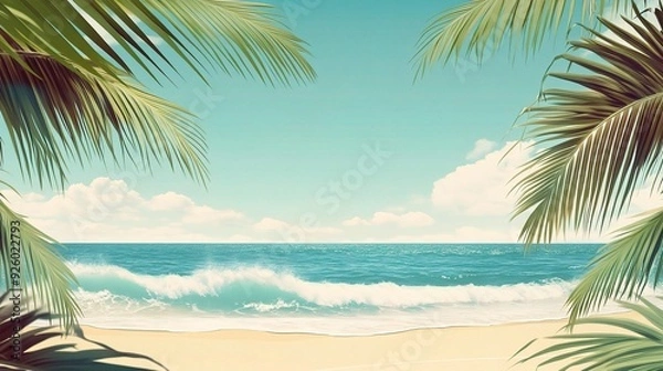 Obraz A summer background featuring a sunny beach scene with waves and palm trees, radiating warmth and relaxation