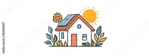 Obraz A simple, flat vector logo depicting an off-grid house with solar panels on the roof, a sun in the background, sunflowers, and greenery