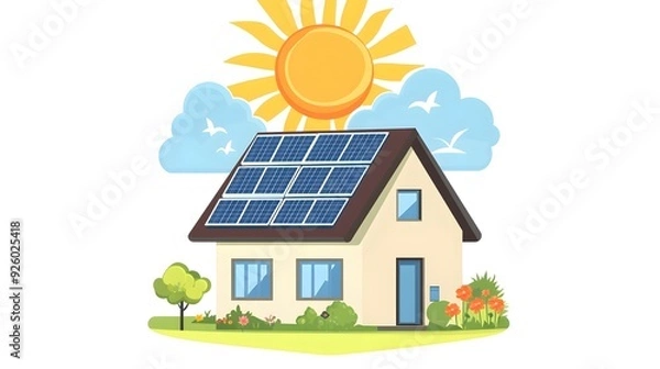 Fototapeta A simple, flat vector logo depicting an off-grid house with solar panels on the roof, a sun in the background, sunflowers, and greenery