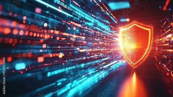 Obraz Cyber security, data currents fast running from the left side hit the shield that glows on the right side, on office background