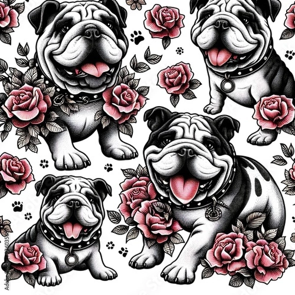 Obraz Cute Bulldogs with Roses Pattern
