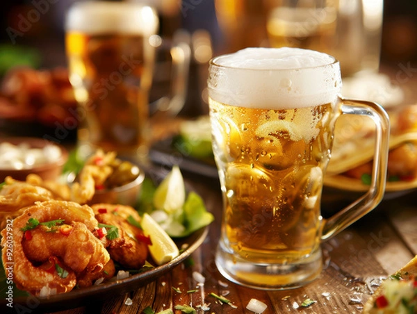 Fototapeta Cold beer with snacks. AI generative.