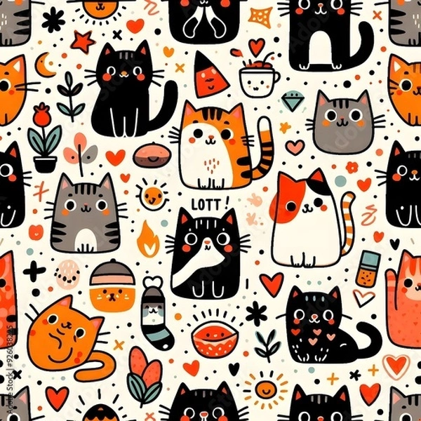 Fototapeta Cute Cat Seamless Pattern with Doodle Elements