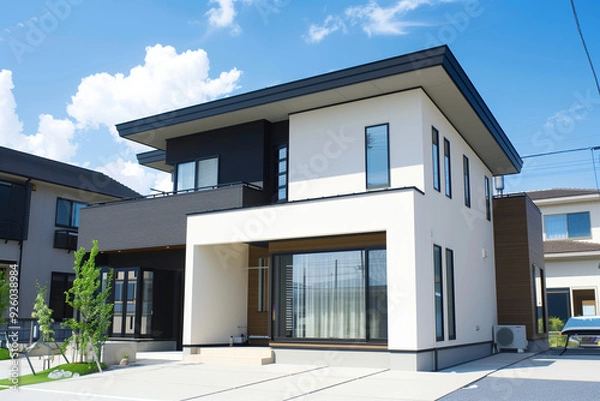 Obraz ガレージ付きのモダンな日本の高級住宅　洗練された外観デザインの現代建築