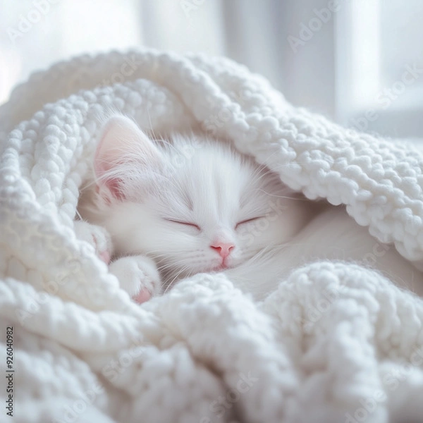 Fototapeta White kitten sleeping peacefully under a soft, fluffy blanket in a cozy setting
