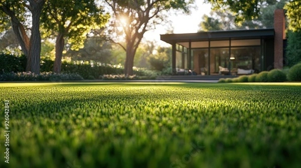 Fototapeta Green lawn in front of a house. Perfect for showcasing a peaceful and tranquil atmosphere.