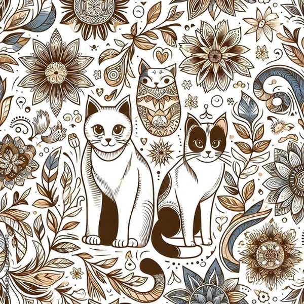 Obraz Cats and Floral Pattern Seamless Repeat