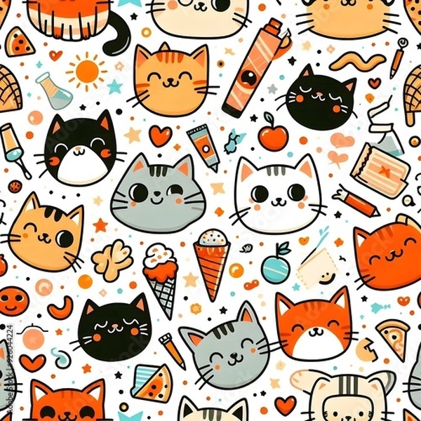 Fototapeta Cute Cartoon Cat Seamless Pattern