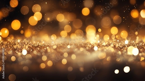 Fototapeta Sparkling golden bokeh background with blurred lights.
