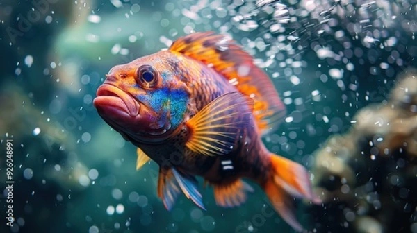 Fototapeta Underwater view of a colorful fish creating a splash.