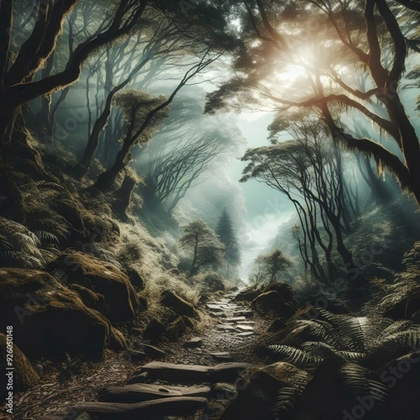 Obraz Mystical Forest Path with Sunlight Breaking Through Canopy