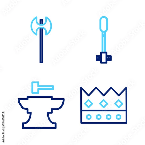 Fototapeta Set line King crown, Anvil for blacksmithing hammer, Torch flame and Medieval axe icon. Vector