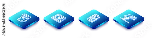 Fototapeta Set Isometric line Learning foreign languages, Foreign online study, Online translator and Microphone voice device icon. Vector