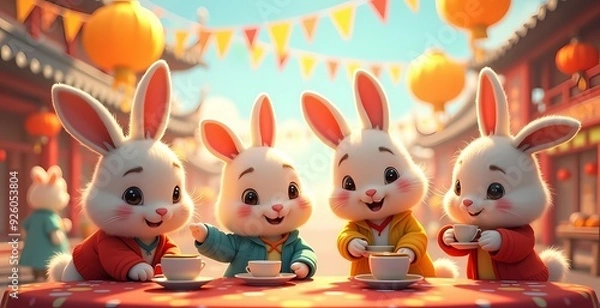 Obraz A delightful gathering of charming rabbits enjoying a festive tea party amid vibrant decorations and a bustling, joyful atmosphere.
