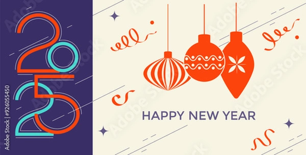 Fototapeta Minimalists Creative Design to 2025 Happy New Year Celebration. Banner with a Christmas Tree decorative Toys. Vector Illustration