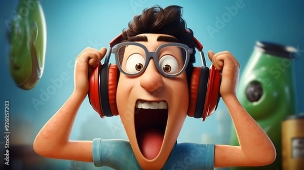 Obraz Cartoon character hearing a loud noise and covering ears