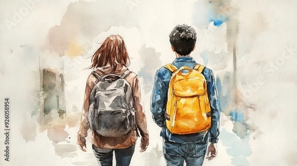 Fototapeta Nostalgic Walk of Two Kids with Backpacks