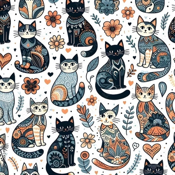 Fototapeta Ornate Cat Seamless Pattern with Floral Accents