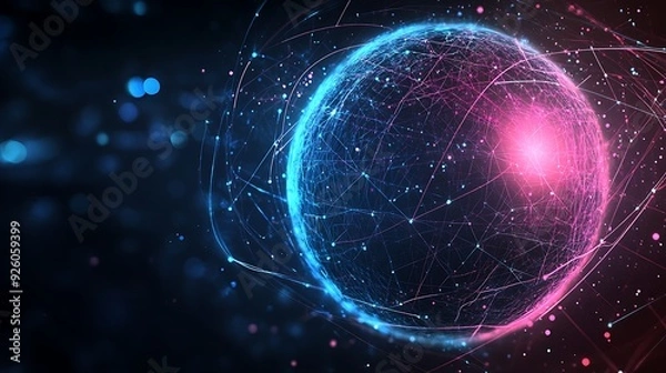 Obraz Abstract sphere with glowing lines and particles, digital concept.