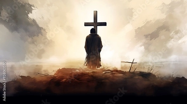 Obraz Christian man praying in front of a cross, Jesus silhouette in background. Digital watercolor painting