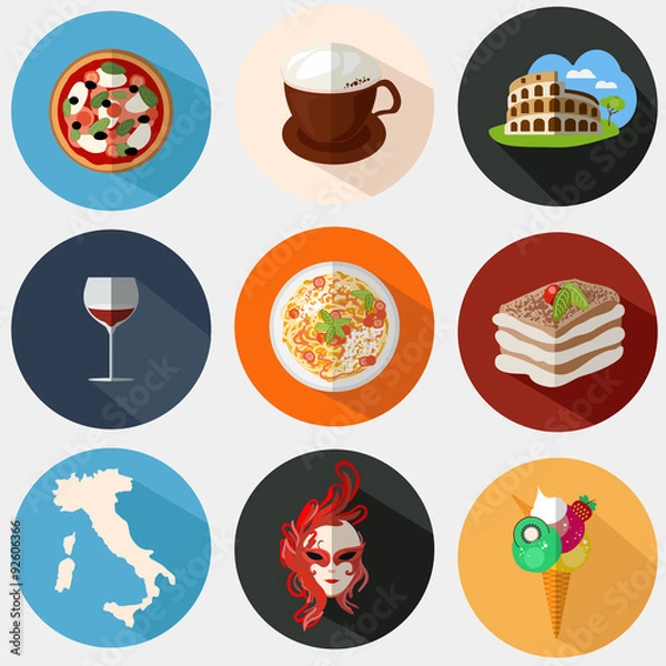 Fototapeta Collection of Italian icons in a flat style. Vector illustration. Icons with elements of pizzas, pastas, Coliseum, coffee, masks, wine, tiramisu, maps of Italy.