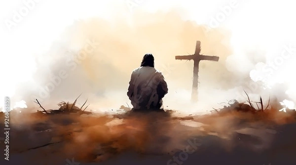 Obraz Christian man praying in front of a cross, Jesus silhouette in background. Digital watercolor painting