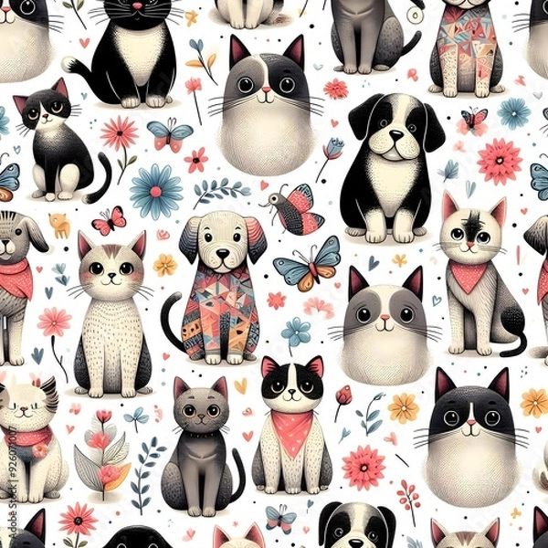 Fototapeta Seamless Pattern with Adorable Cats and Dogs in a Floral Setting