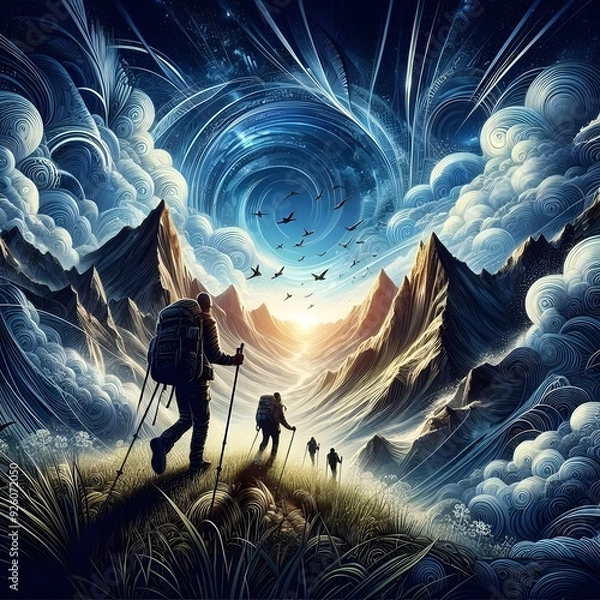 Fototapeta Hikers Ascending Towards a Celestial Vortex in a Dreamlike Mountain Landscape