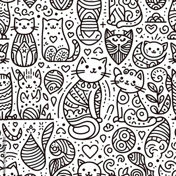 Fototapeta Seamless Pattern with Cute Cats and Hearts in Doodle Style