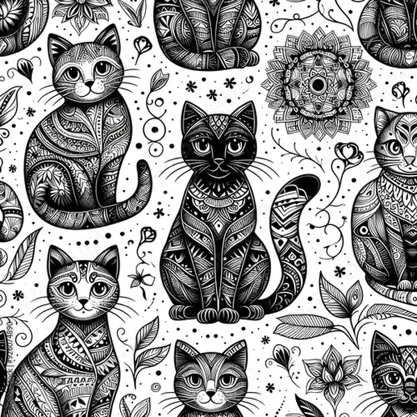 Fototapeta Ornamental Black Cat Seamless Pattern