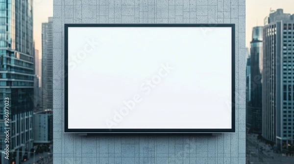 Fototapeta Blank White Billboard on Modern Building Wall in Urban Cityscape with High-Rise Buildings and Clear Sky Background