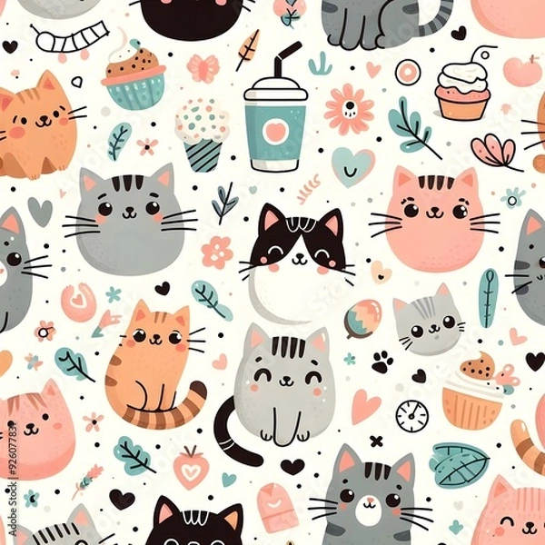 Fototapeta Cute Cat Pattern with Hearts, Flowers and Cupcakes