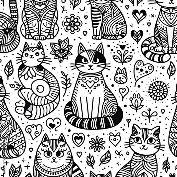 Fototapeta Seamless Pattern of Cats with Floral and Heart Motifs