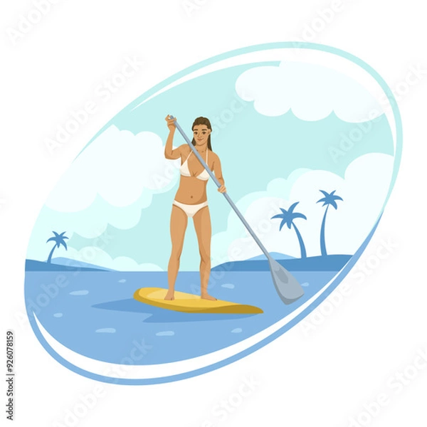 Obraz Woman paddleboarding in a tropical setting, wearing a bikini. Blue background with clouds, palm trees, and water. Concept of summer activity. Vector illustration